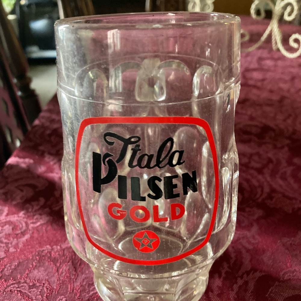 Itala Pilsen Gold Bira Dimpled Glass Handled Beer Mug/ Stein 5-3/4" Italy RARE.